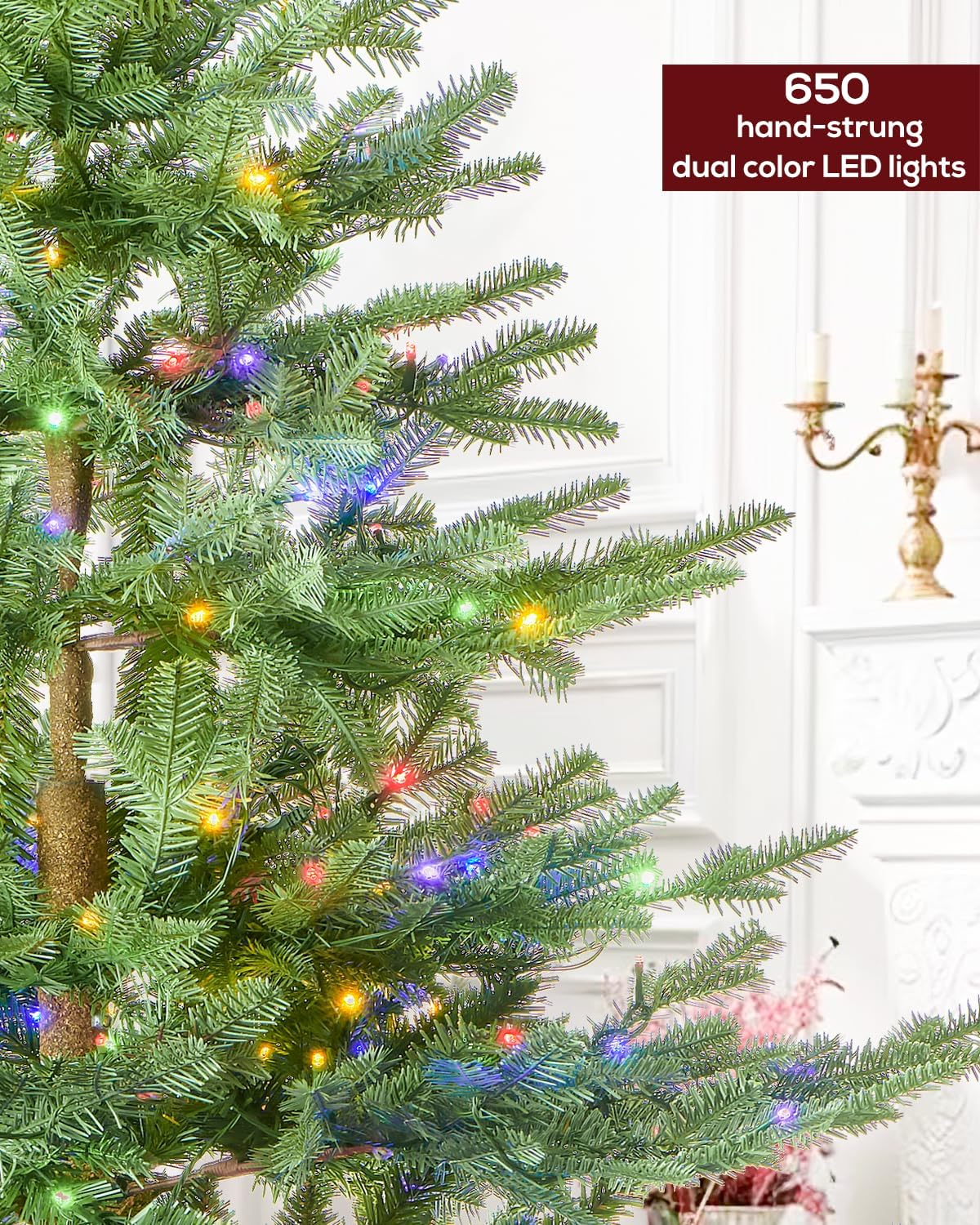 Pre-lit Christmas Tree Fir with Remote Control, 650 Warm White Multi-Color Lights, Hinged/Feel Real/Realistic