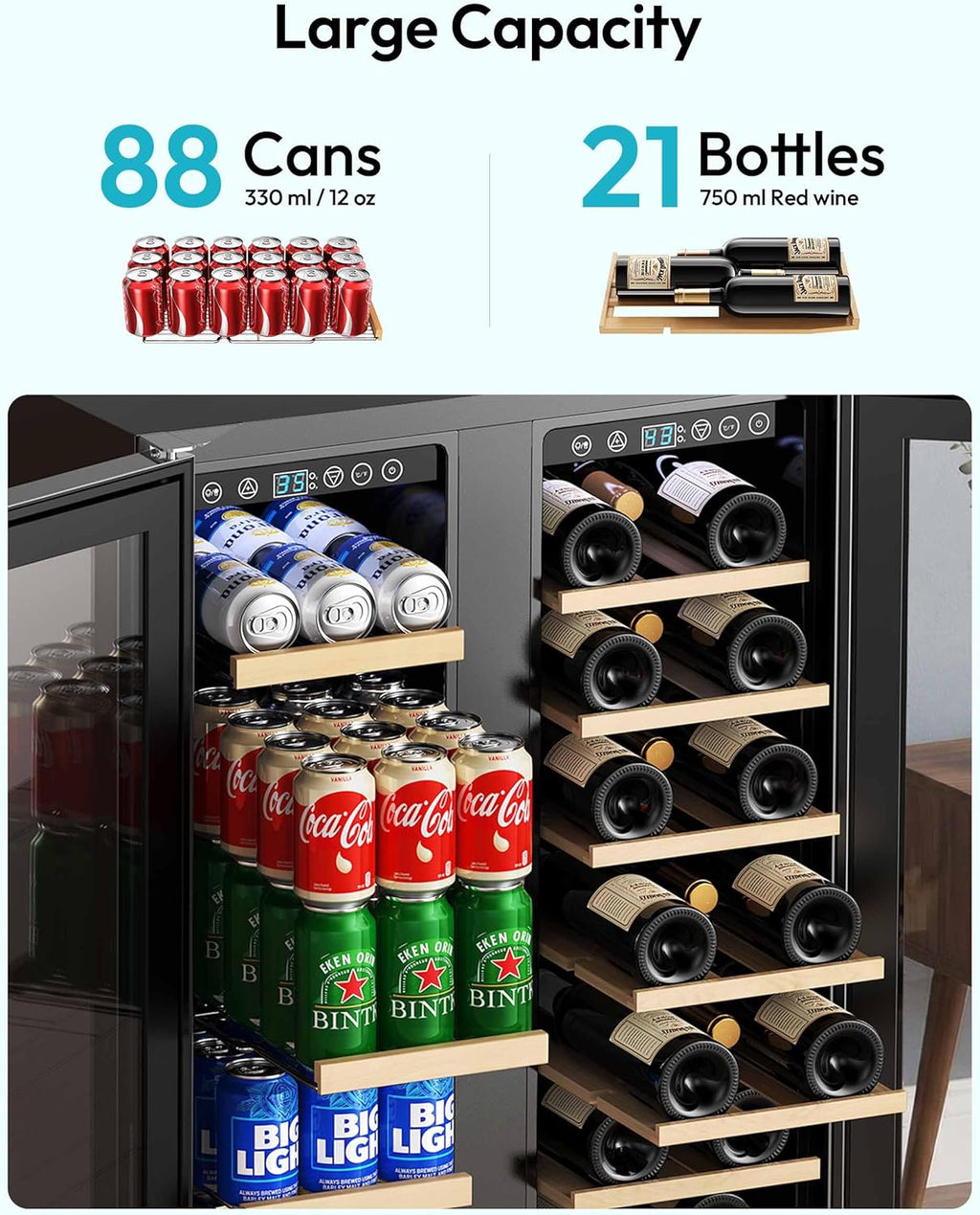 Wine and Beverage Refrigerator, 24 Inch Dual Zone Wine Cooler with Glass Door Hold 21 Bottles and 88 Cans