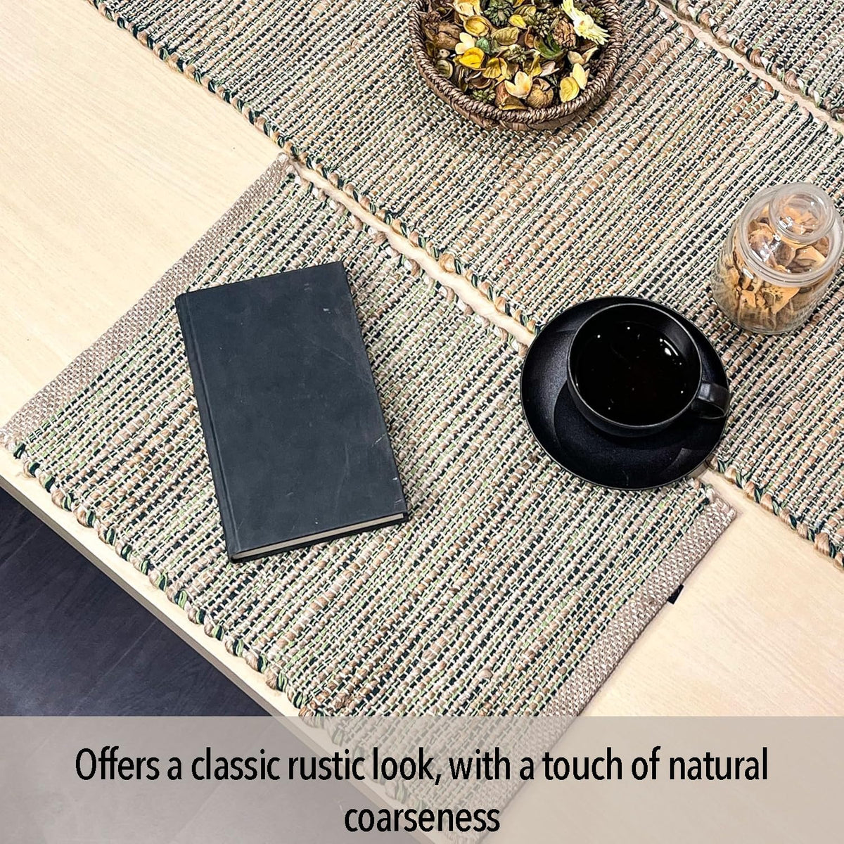 Natural Jute & Green Placemats, Set of 4 - Rustic Handmade Boho Table Mats, 13x19 Inch Dining Table Placemats
