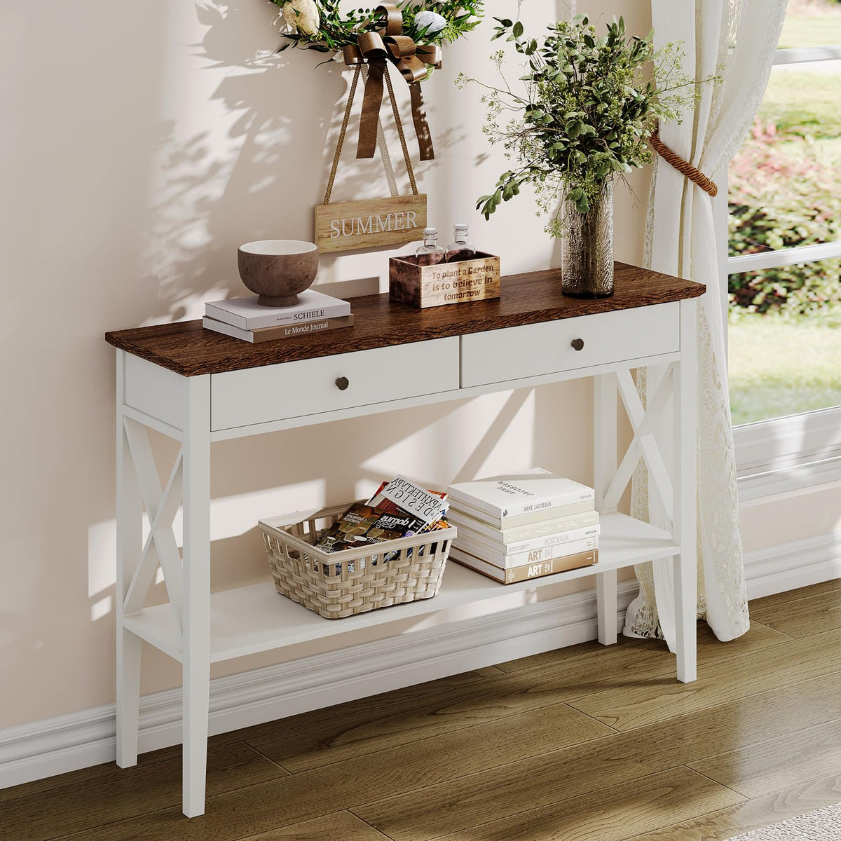 47" Farmhouse Entryway Table with Drawers and Storage Shelf