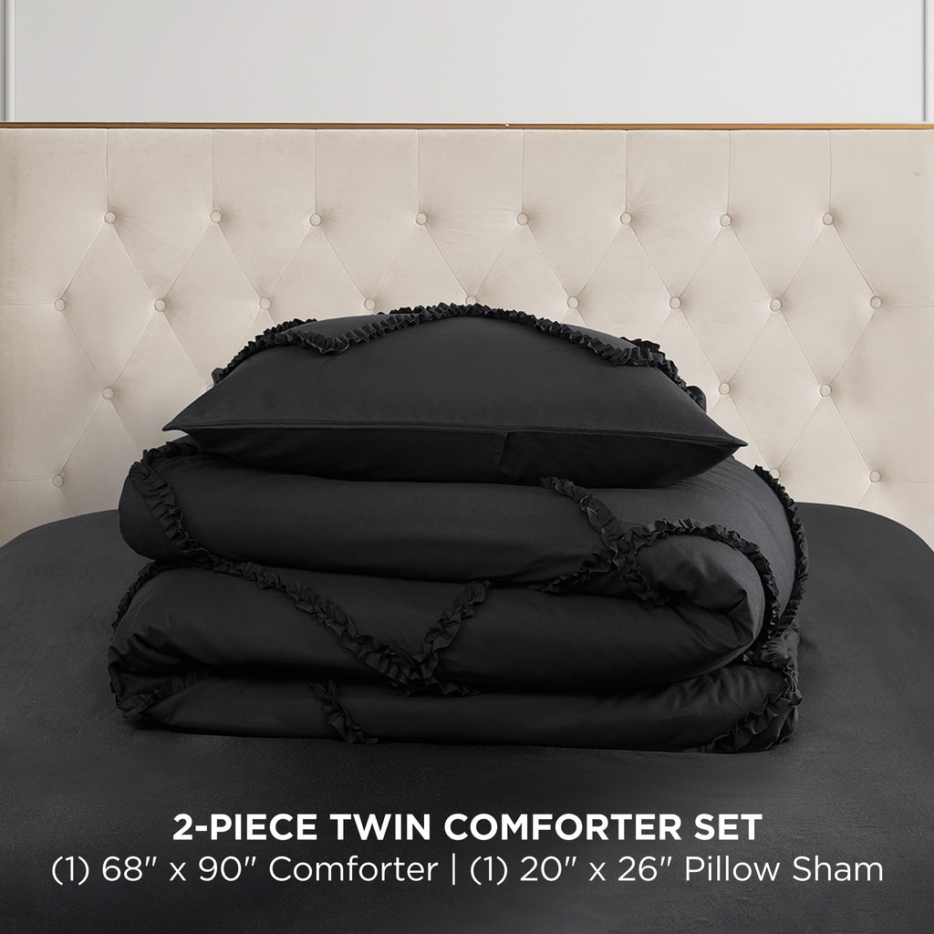 Diamond Comforter Set - Ruffle 2-Piece Machine Washable Reversible Bedding Comforter Set, Black