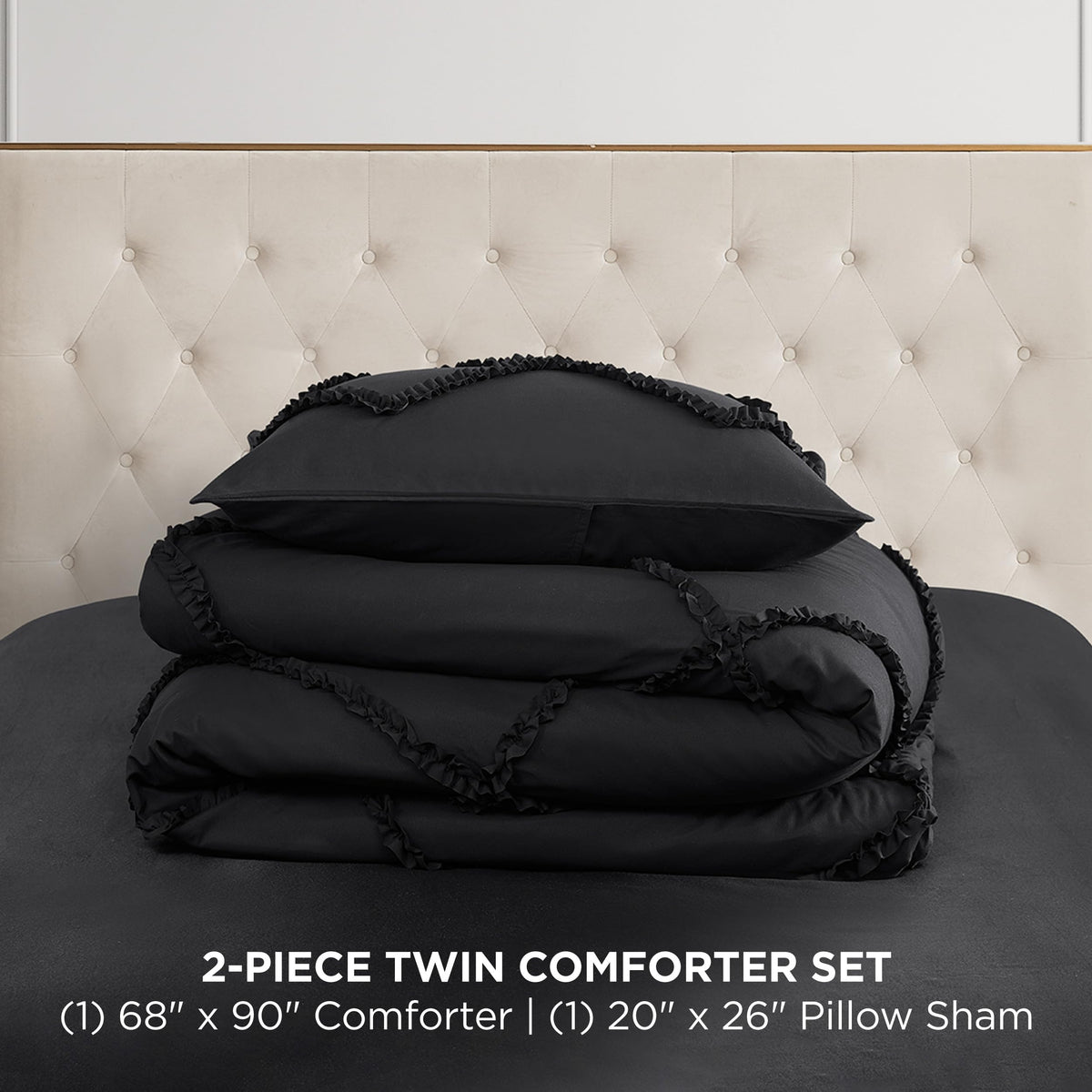 Diamond Comforter Set - Ruffle 2-Piece Machine Washable Reversible Bedding Comforter Set, Black