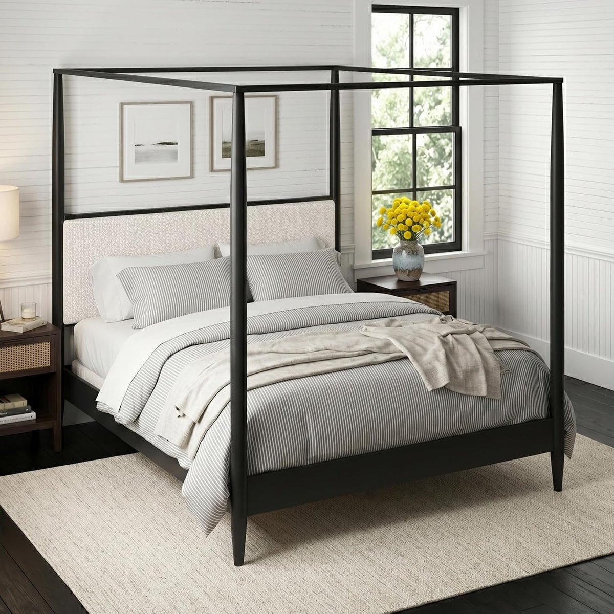 Solid Wood Canopy Bed Frame with Upholstered Headboard