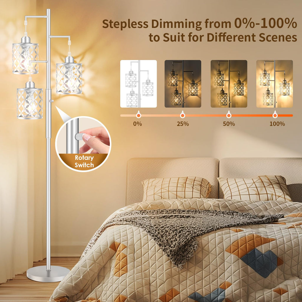 72" Modern Tree Floor Lamp, Dimmable Minimalist Tall Standing Lamp with Metal Cages & Rotary Dimmer Knob, Corner