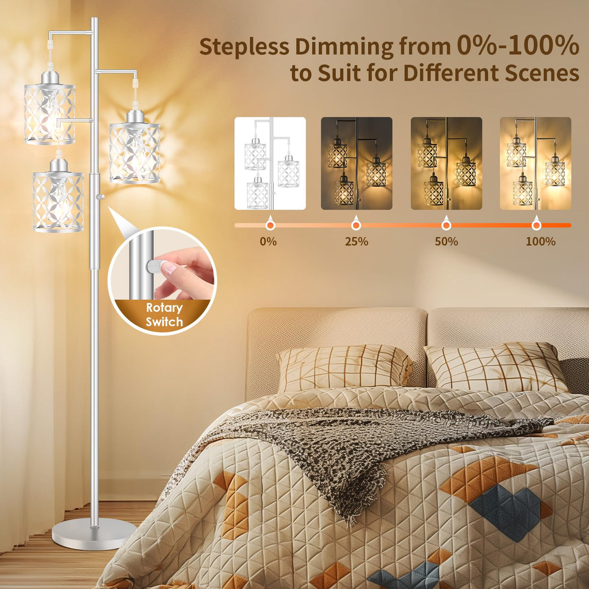 72" Modern Tree Floor Lamp, Dimmable Minimalist Tall Standing Lamp with Metal Cages & Rotary Dimmer Knob, Corner