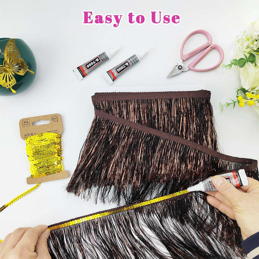 Brown Tinsel Fringe Trim, 5Yards X 5.9 Inch Metallic Fringe Trim with B7000 Glue for Karma Jacket Costume Crafts