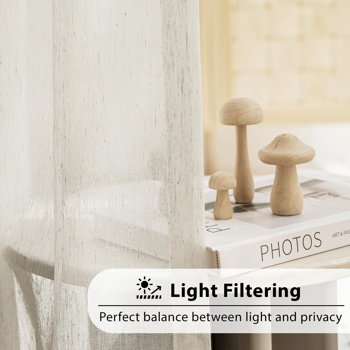 Beige Linen Sheer Curtains, 84 Inches, 2 Panels