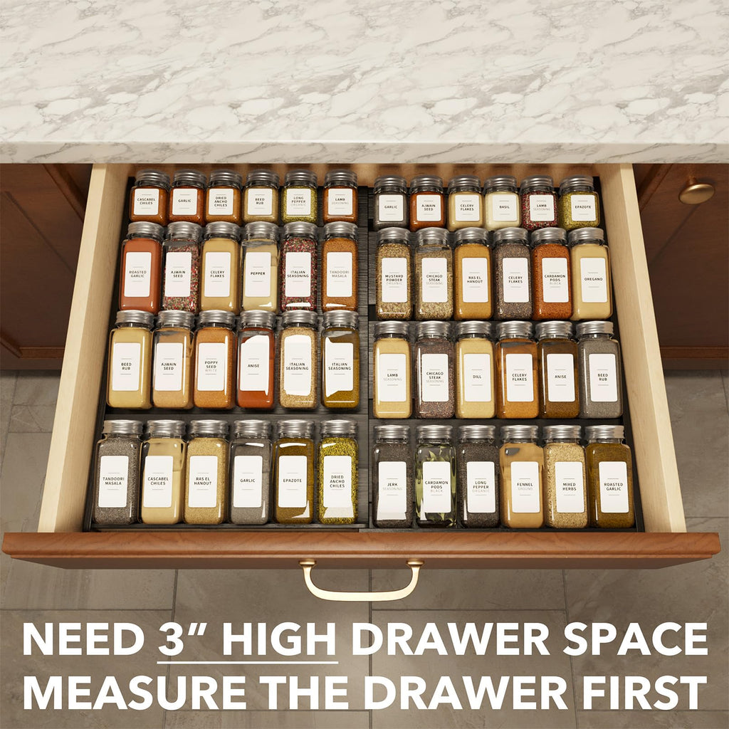 Bamboo Black Spice Drawer Organizer, (Need 3" Deep Drawer) Expandable 4 Tier Spices Rack for Cabinet, Kitchen