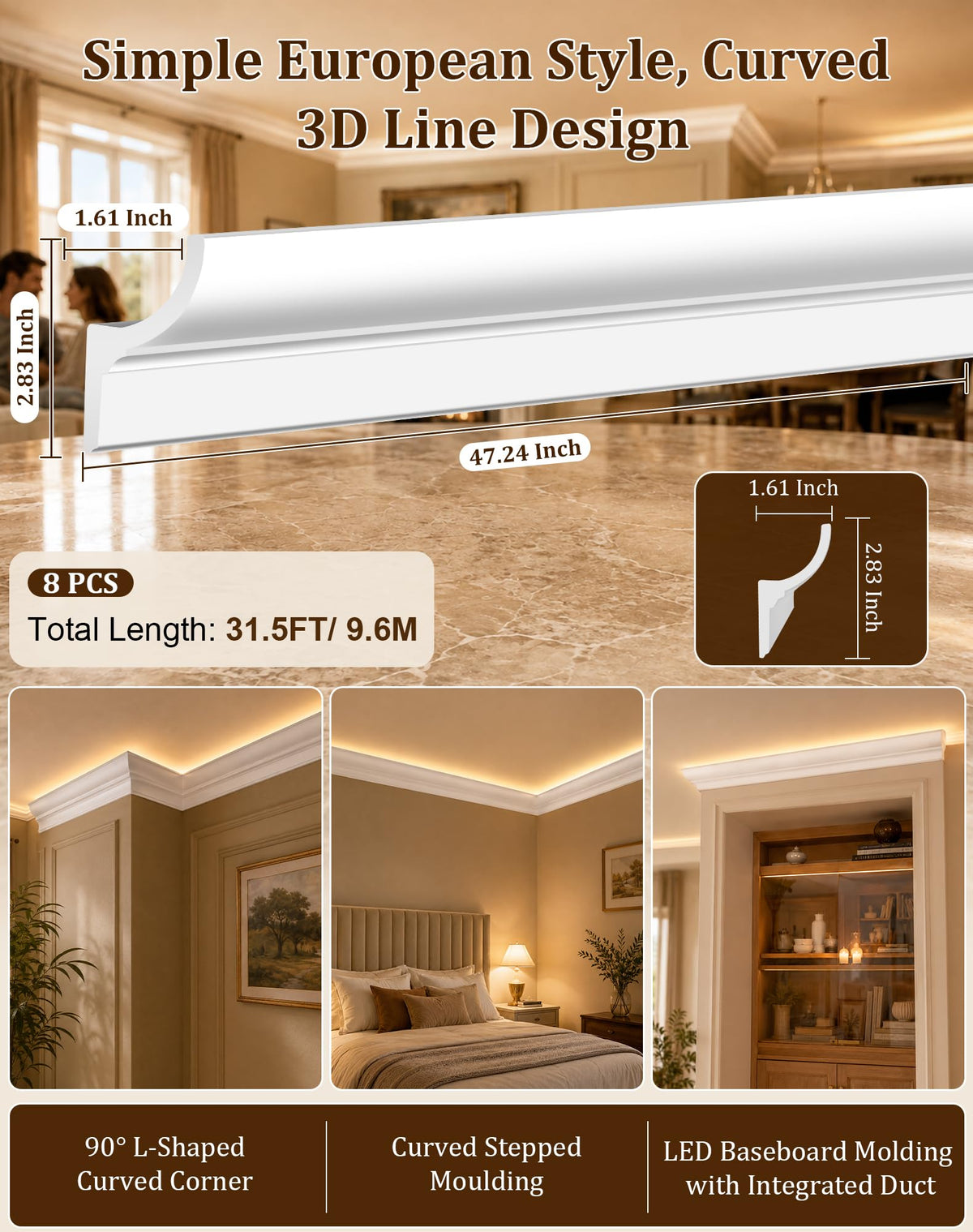 8 Pack 31.5FT Ceiling Crown Molding Trim with Hidden LED Light Channel