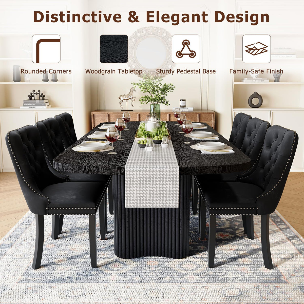 Dining Table Set for 8, 79'' Large Modern Rectangular Dining Room Table with 8 Velvet Chairs, Black Wood Finish