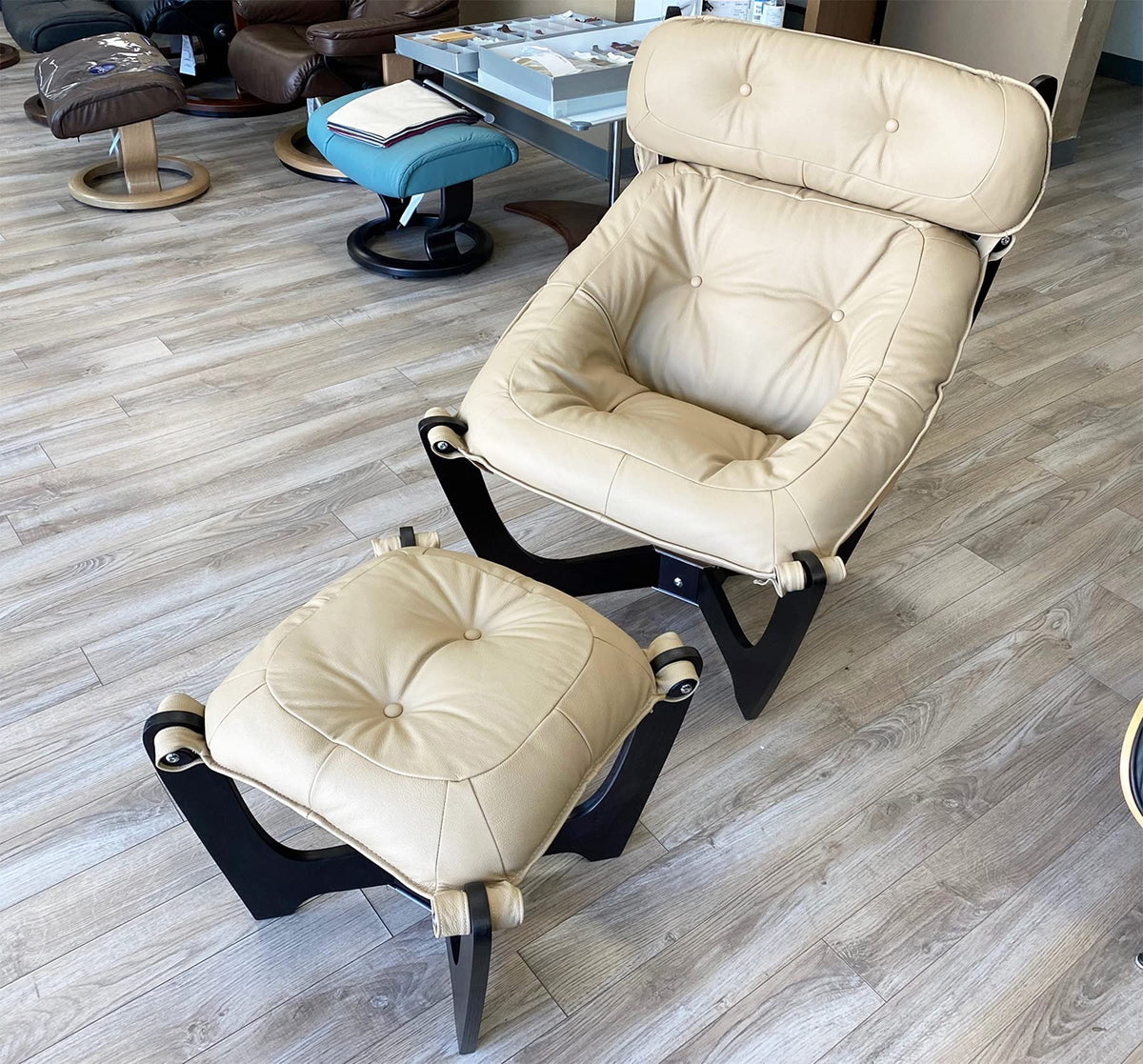 Luna High Back Leather Chair and Ottoman - Espresso Wood Frame (Latte Leather)