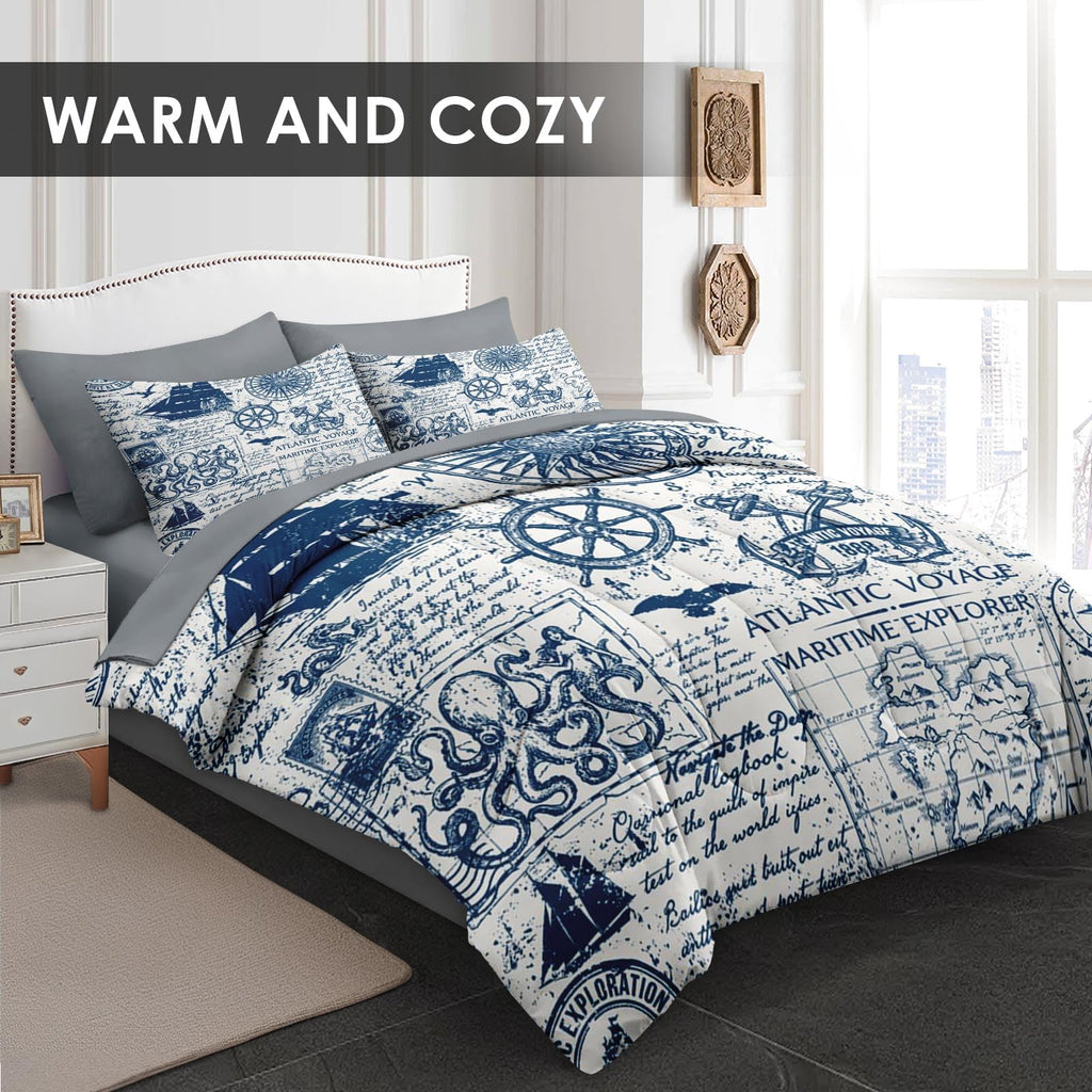 Full Comforter Set with Sheets, 7 Pieces Nautical Anchor Bedding