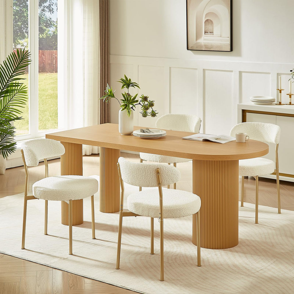Beige Boucle Set of 2, Kitchen Dining Room Chairs Curved Backrest Upholstered Mid Century Modern Chairs with Golden