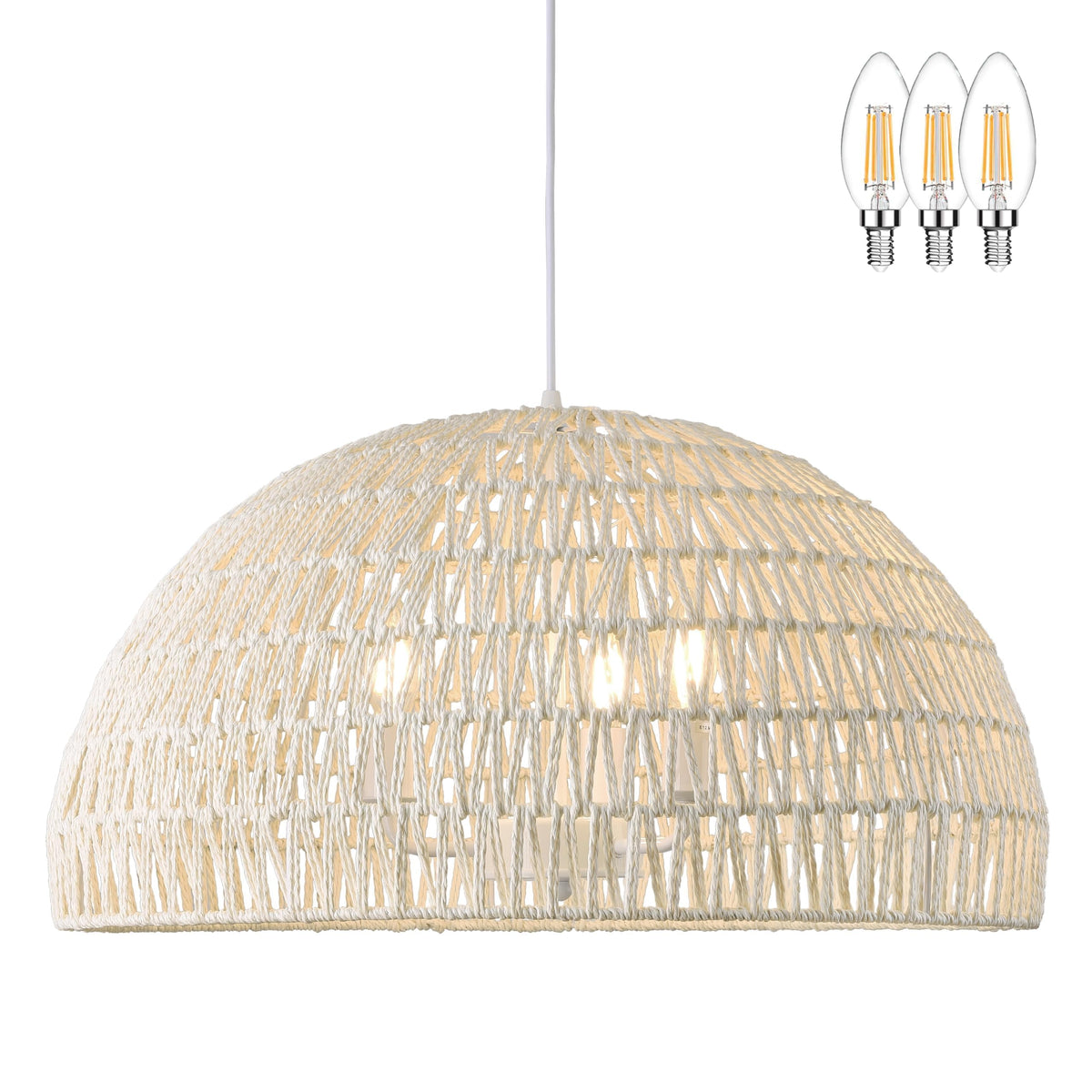 24" Cream Boho Chandelier Dome Rustic Farmhouse Chandelier Wicker Pendant Light Rattan Light Fixture Living Room