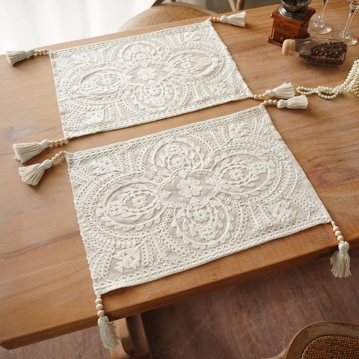 Embroidered Placemats Farmhouse Lace Doily, Beige 14"x18" 2PCs
