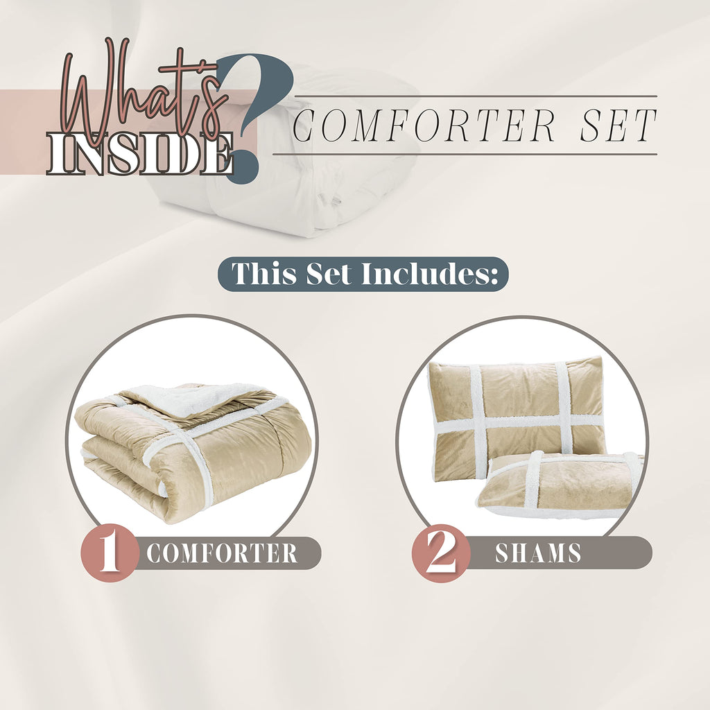 3-Piece Olivia Stripe Sherpa Comforter Set, Super Soft Comforter with Striped Pattern and Sherpa Backing, Textured &