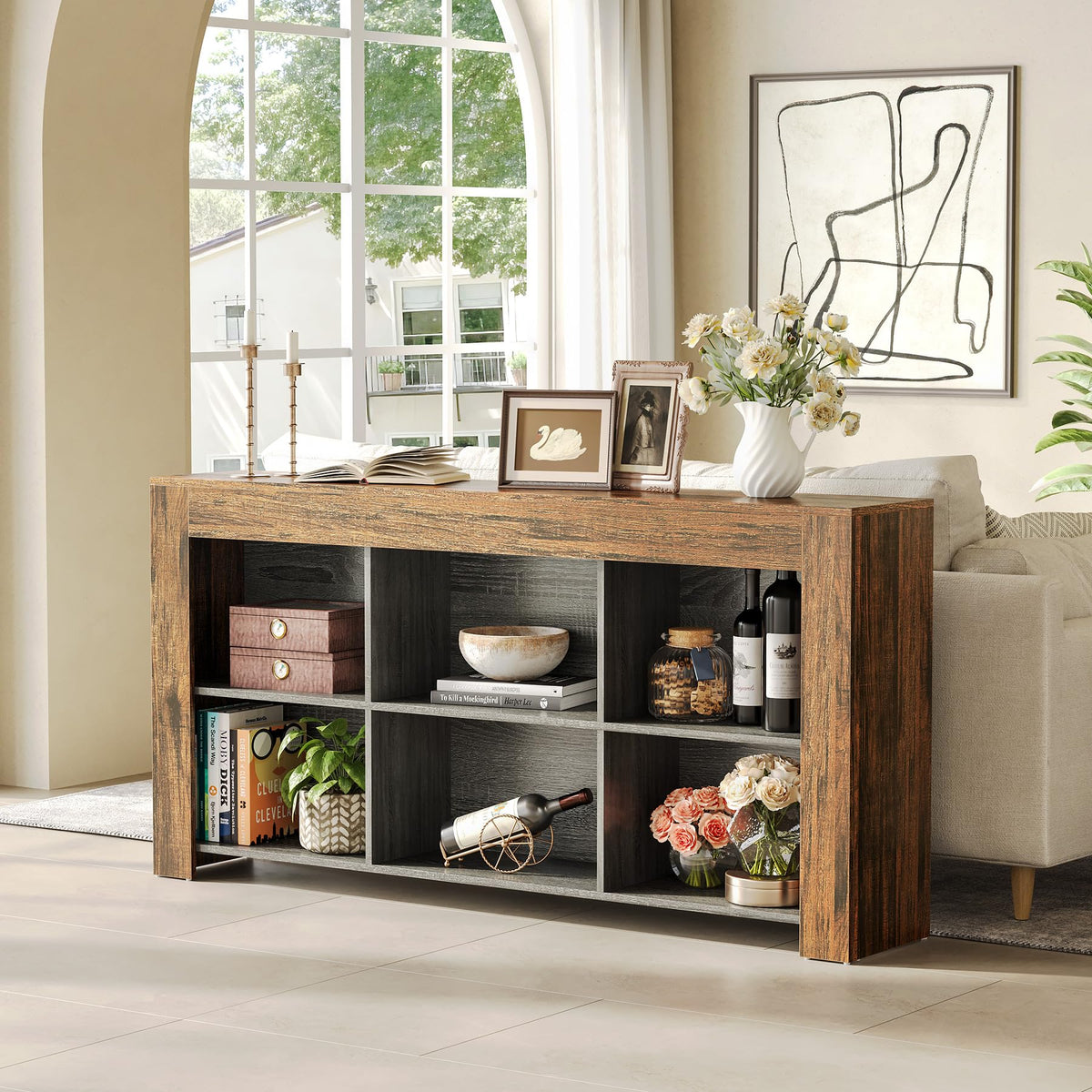 Console Table with Storage, 63-Inch Narrow Long Sofa Table, Entryway Table with 6 Cubes, Farmhouse Storage Shelves
