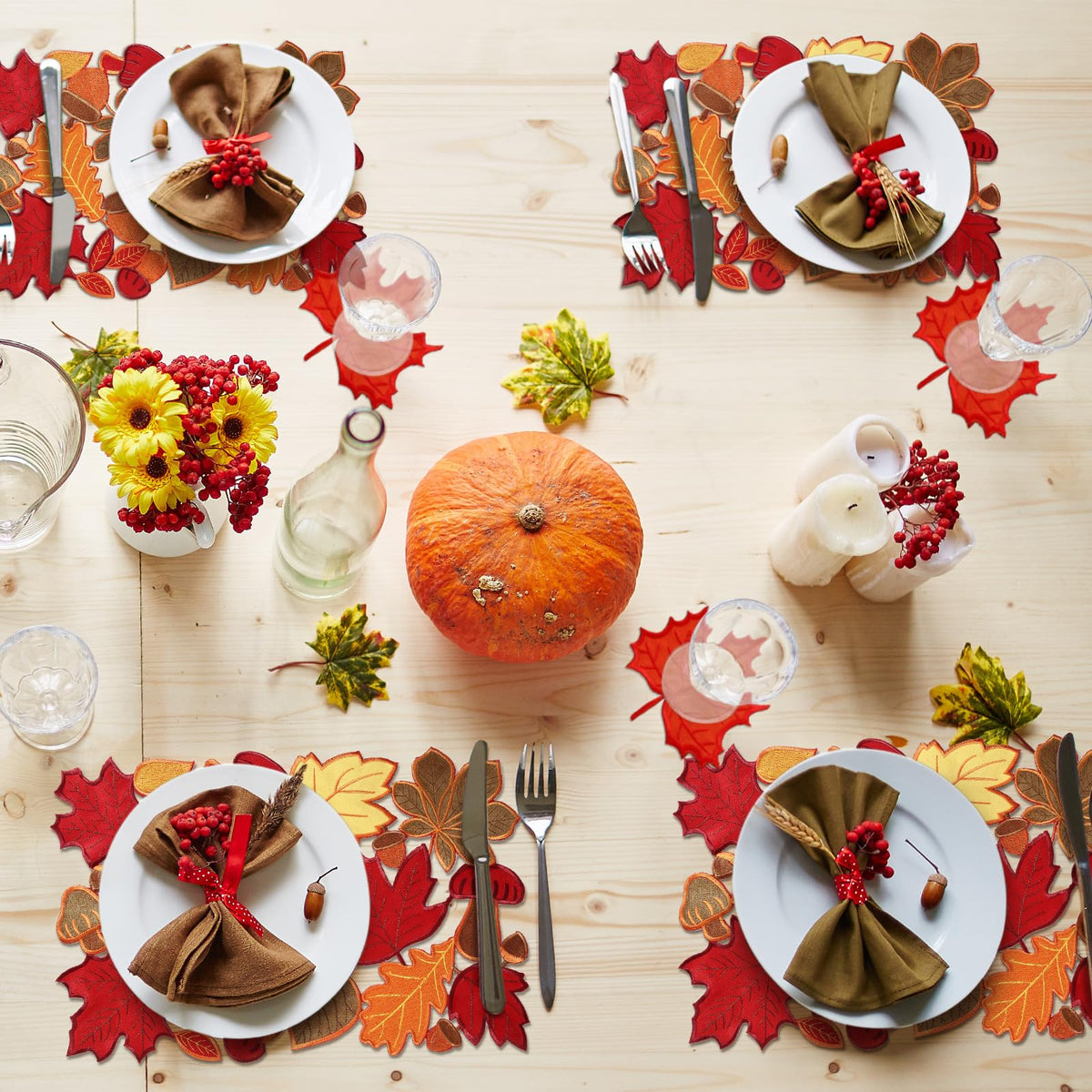 12 Pcs Fall Thanksgiving Placemats and Coaster Set of 6, 11 x 17 in
