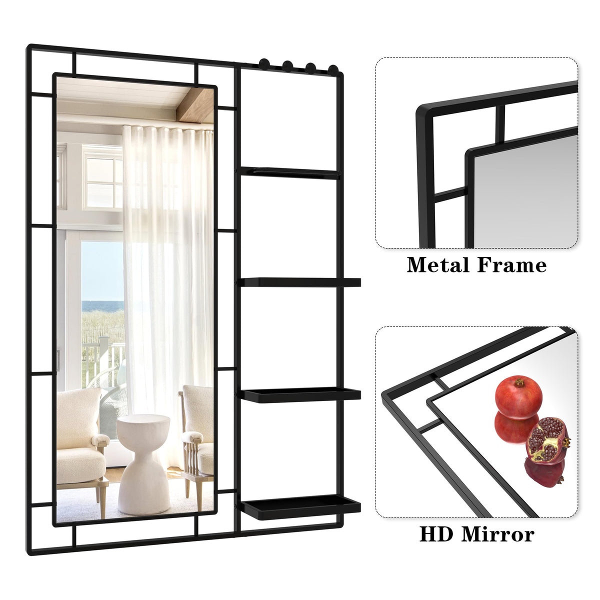 43" X 30" Black Wall Mounted Mirror for Wall, Full Length Mirror with Shelf and Hooks, Large Wall Mirror with Metal
