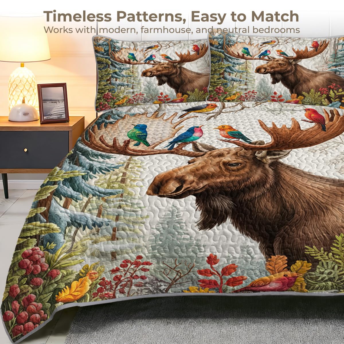 Moose Hummingbird Quilt Set 2 Pieces Woodland Bedding Rustic Cabin Bedspread with 1 Pillowcase Forest Animal