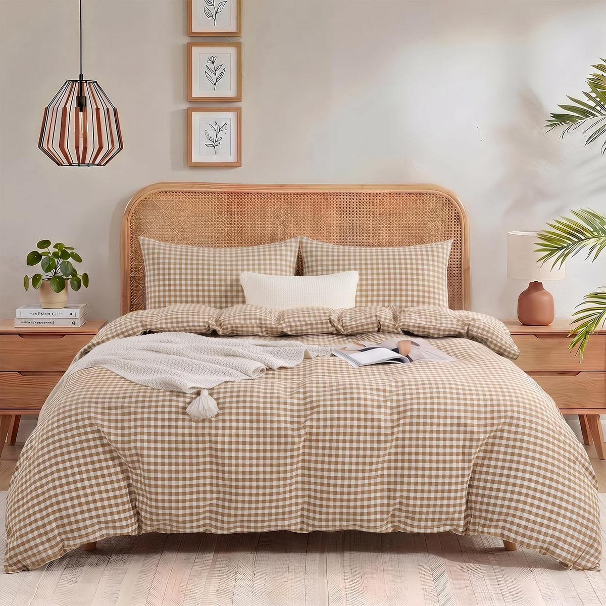 Tan Gingham Duvet Cover, 100% Washed Cotton Like Linen Feel Organic Natural Bedding Set 3 Piece Brown Vintage