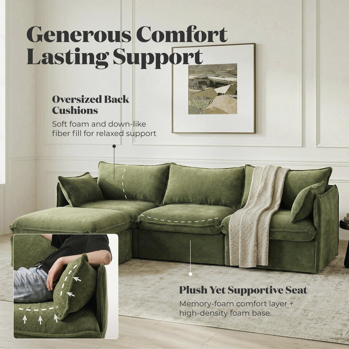 Cloud Modular Corner Sectional, Oversized Deep Seat Comfort, Luxe Chenille
