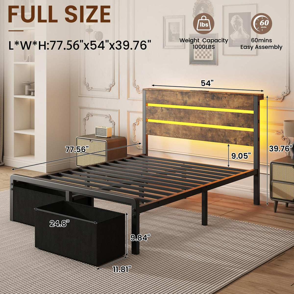 Bed Frame with Charging Station & LED Lights, Vintage Brown