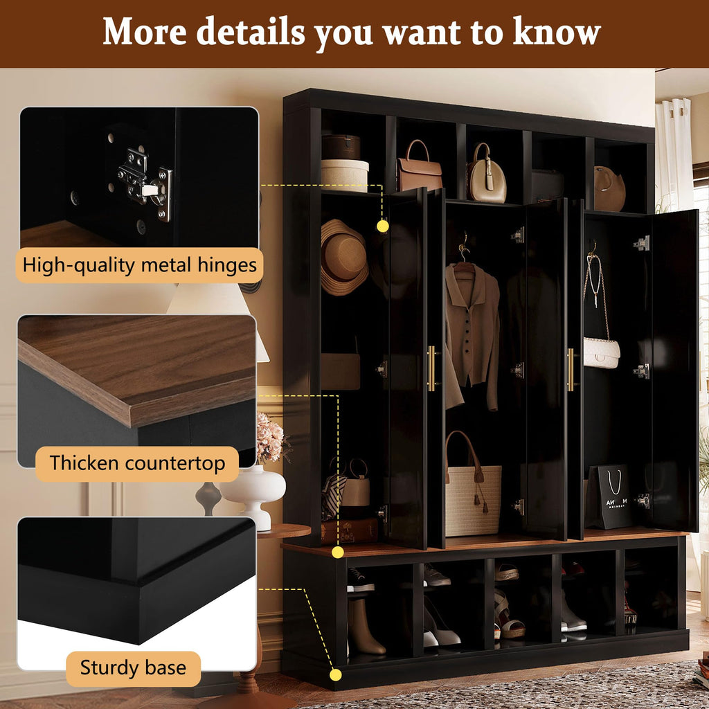 Hall Tree with Storage Cabinet, Shoe Rack and Display Cubbies