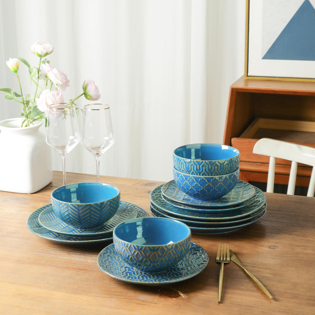 Ceramic Dinnerware Sets for 4, 16 Pieces Embossed Plates and Bowls Sets, Scratch Resistant Dish Set, Microwave, Oven