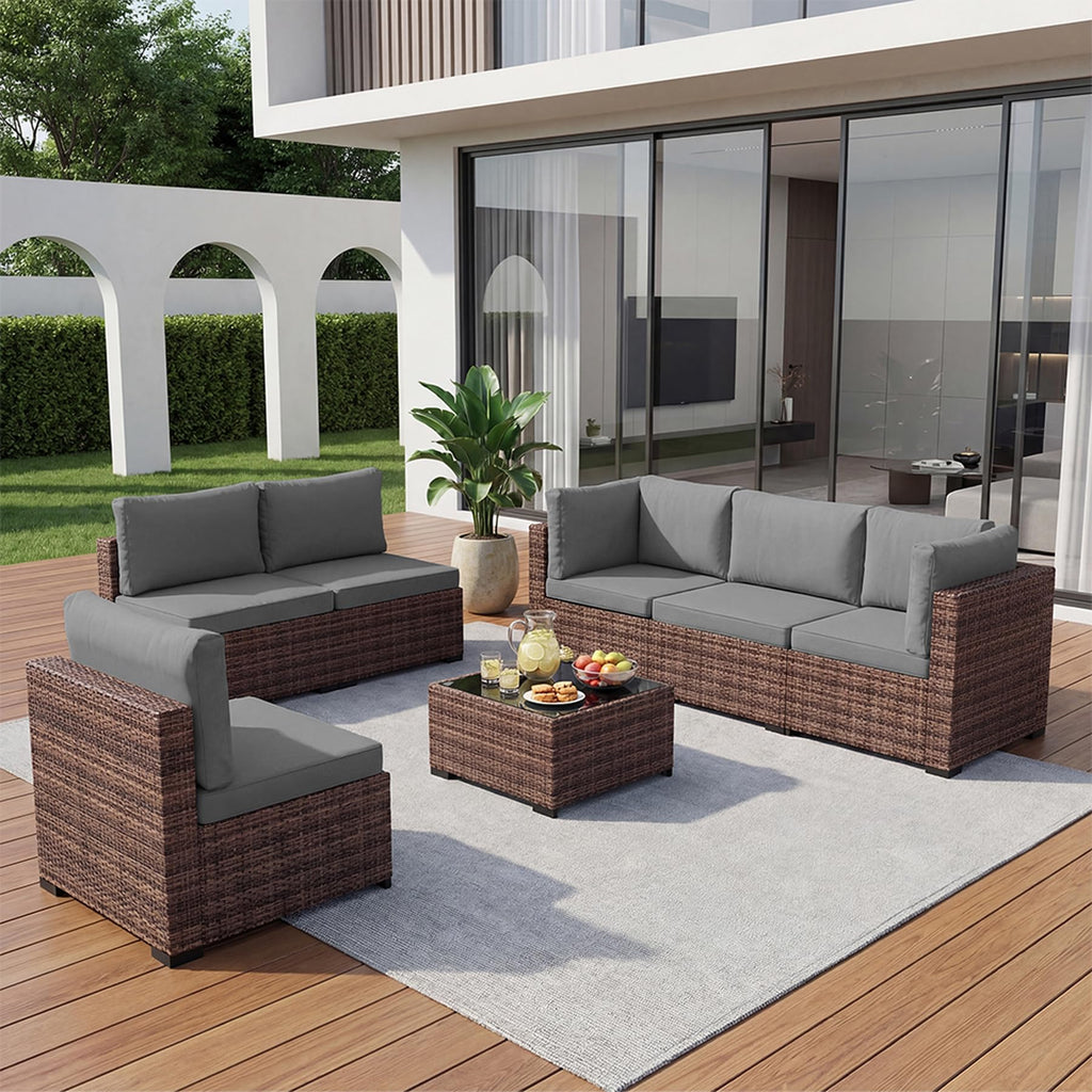 7 Pieces Outdoor Wicker Rattan Patio Furniture, Outdoor Sectional Set Patio Sofa with Coffee Table & Grey Cushions