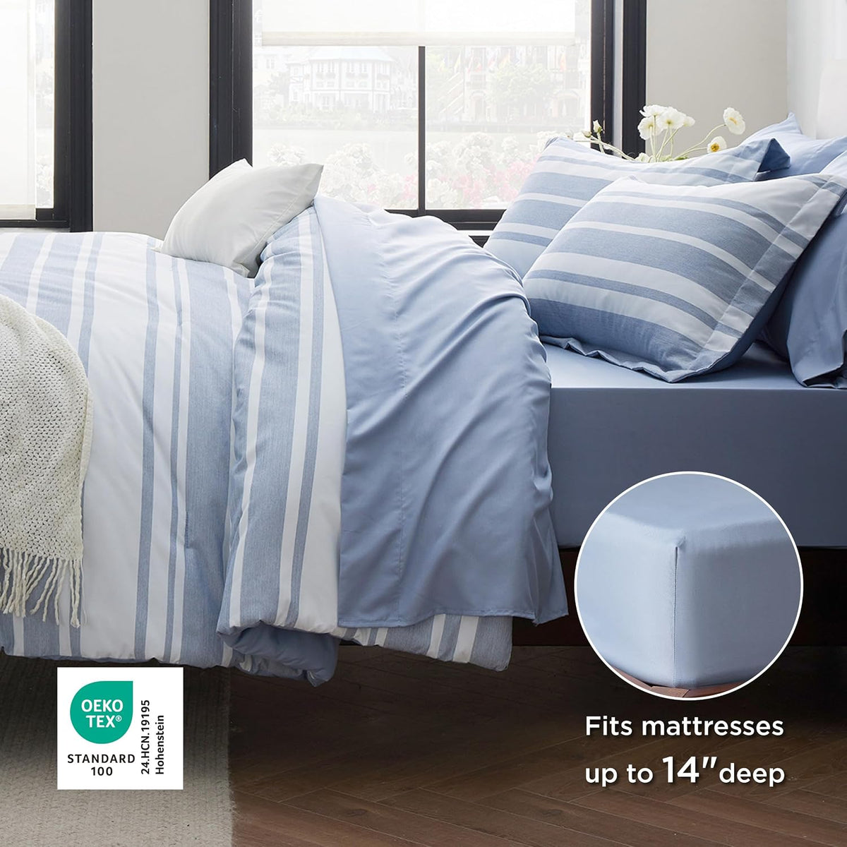 Blue Striped Comforter Set, King Bedding Set, 7 Piece