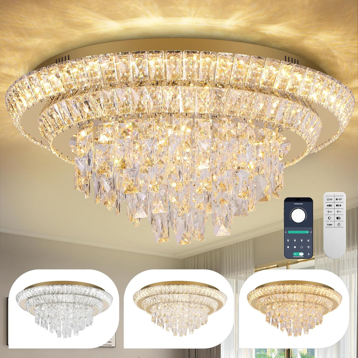 24 Inch Flush Mount Crystal Chandelier with Remote Control