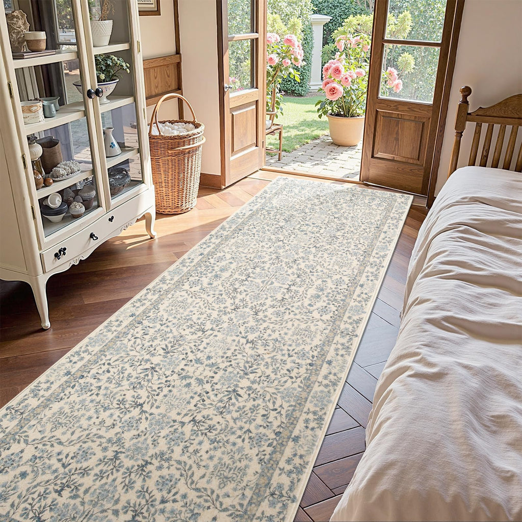 Washable Hallway Runner Rug, Floral Non-Slip, Blue/Cream