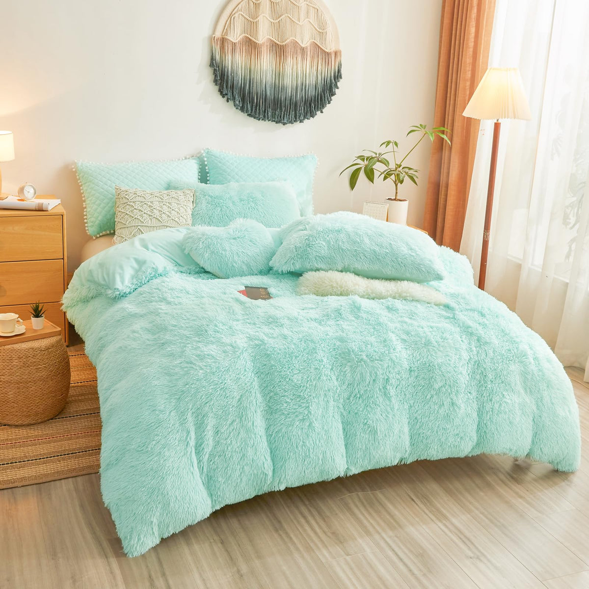 Plush Fluffy Aqua Comforter Cover Set - Faux Fur Plush Aqua Bedding 2-Piece Set (1 Furry Duvet Cover + 1 Shaggy