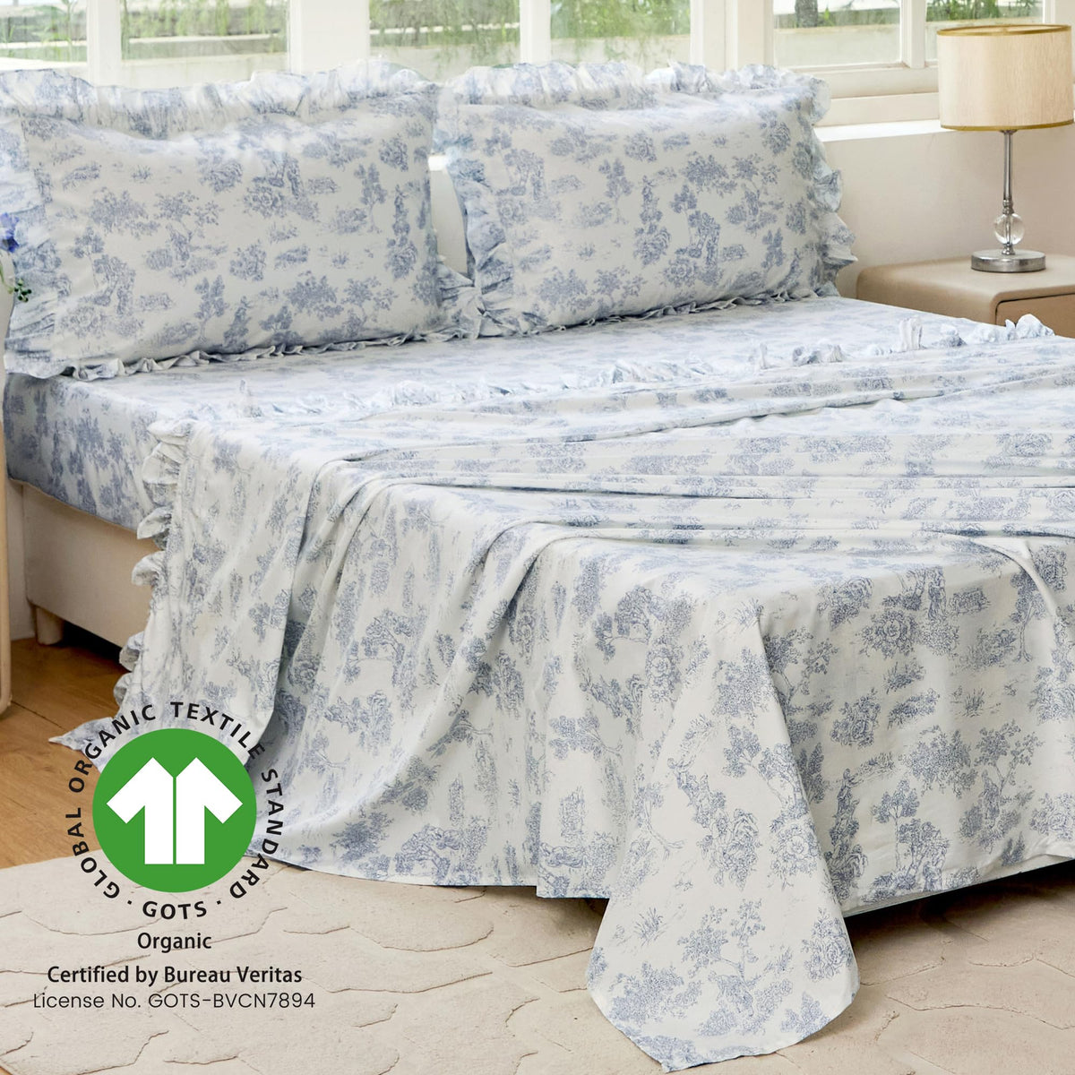 Organic Cotton Sheet Set - French Country Blue Toile de Jouy Bedding, Luxury Ruffle Edge Crisp & Cooling