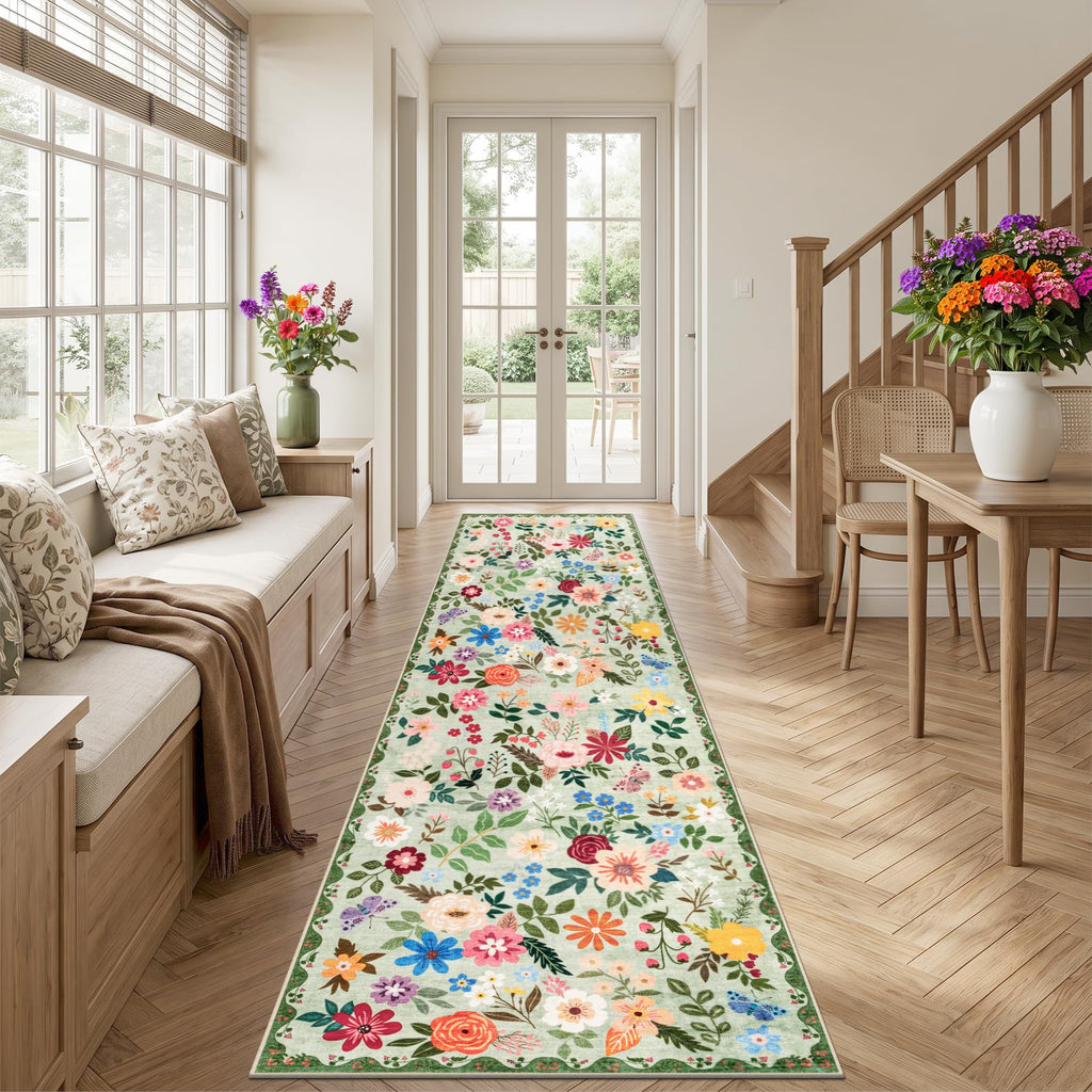 2.6x14 Washable Runner Rug:Floral Indoor Kitchen Soft Carpet Green