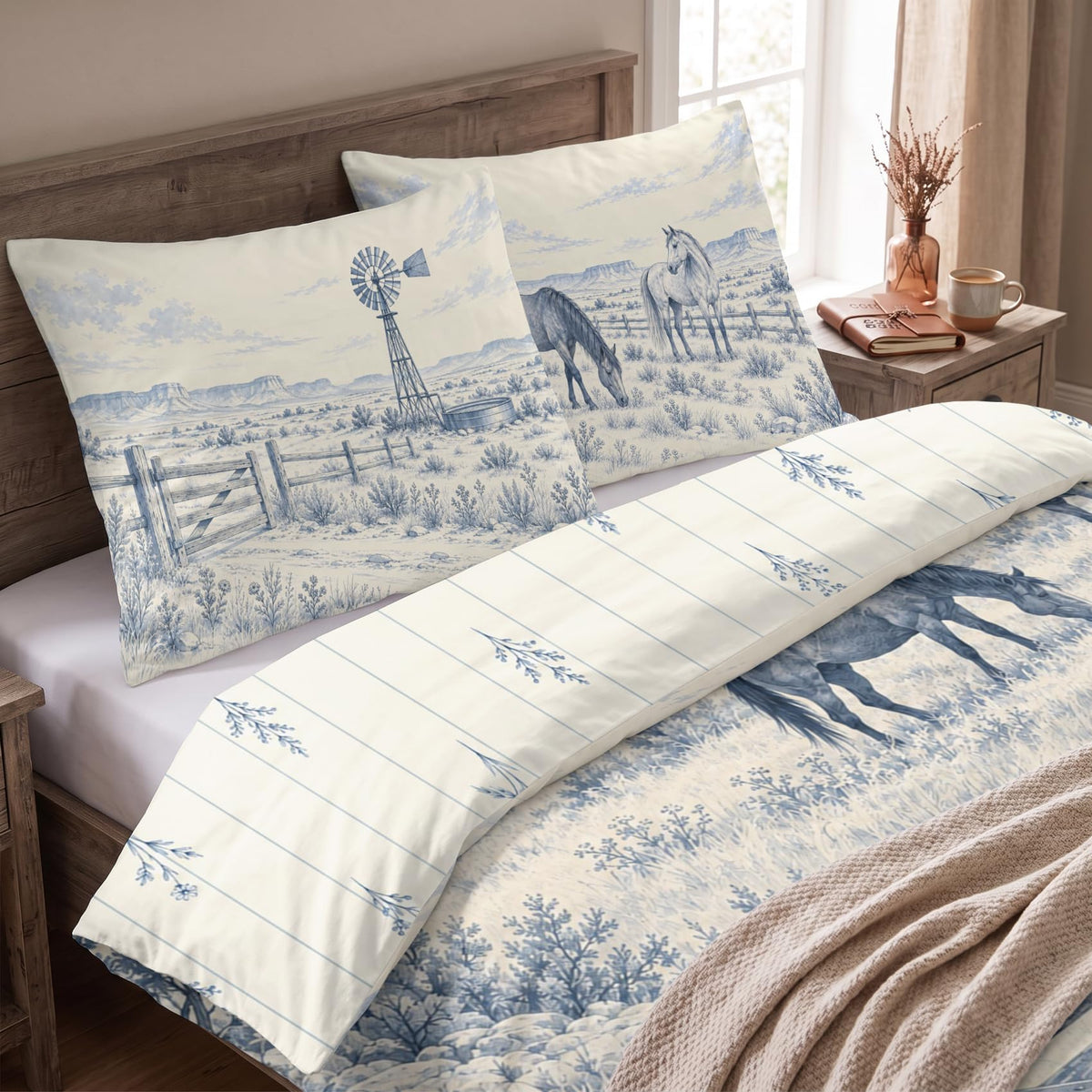 Western Ranch Duvet Cover Set 90x90, Dusty Blue Horse Toile Bedding