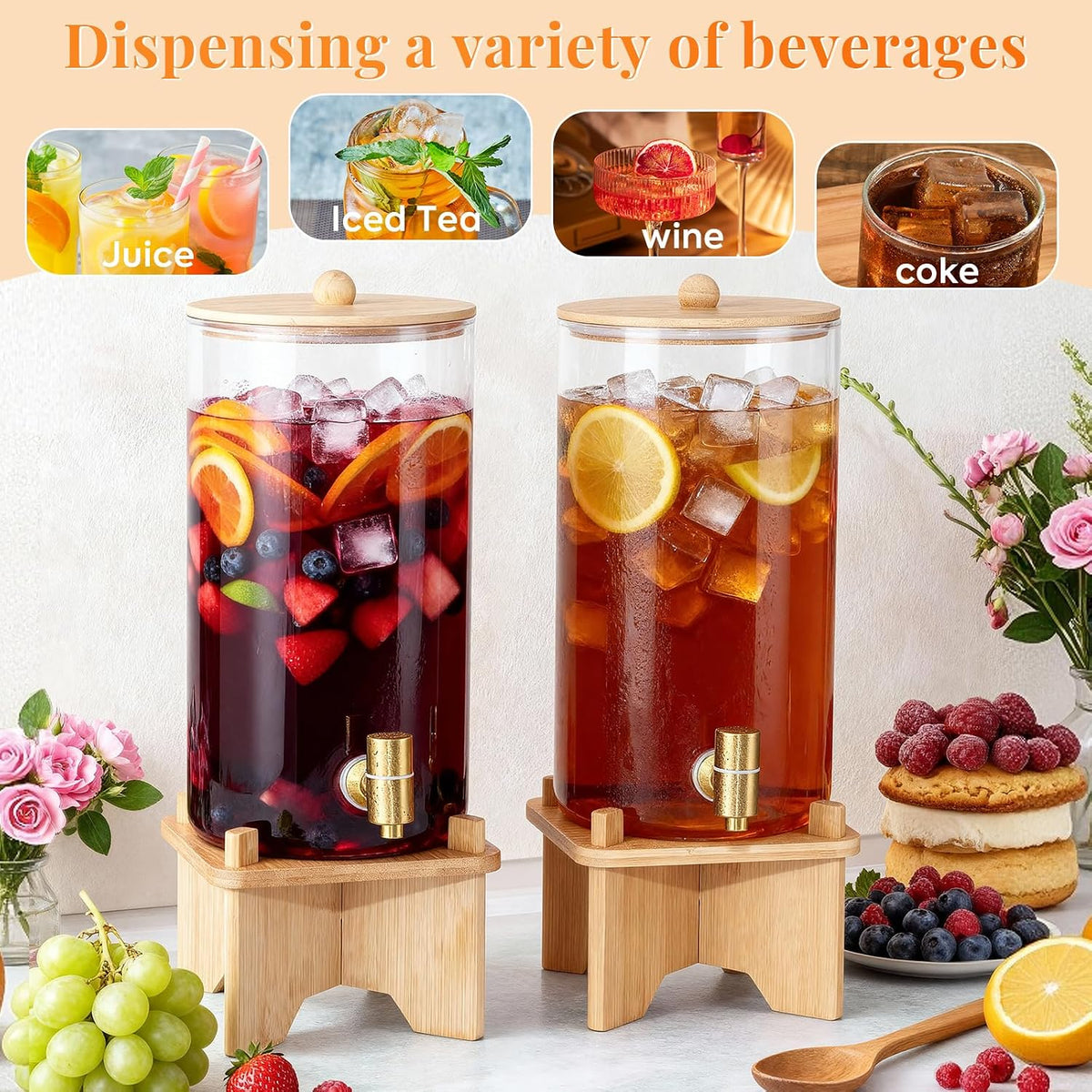 1.5 Gallon Drink Dispenser: 2P Glass Dispenser w/Bamboo Stand - Set of 2