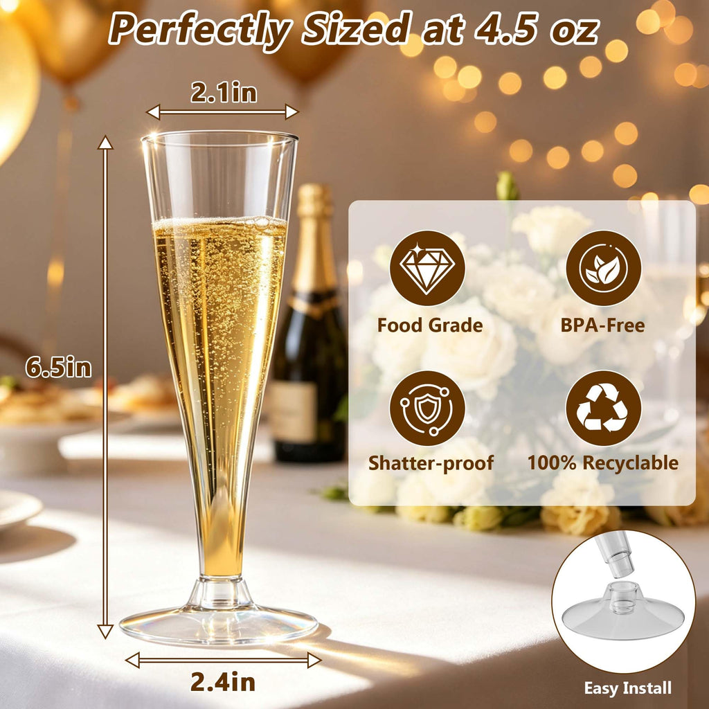 200 Pack Plastic Champagne Flutes Disposable Wine Glasses, 4.5 Oz Clear Mimosa Glasses Cocktail Cups for New Year Eve