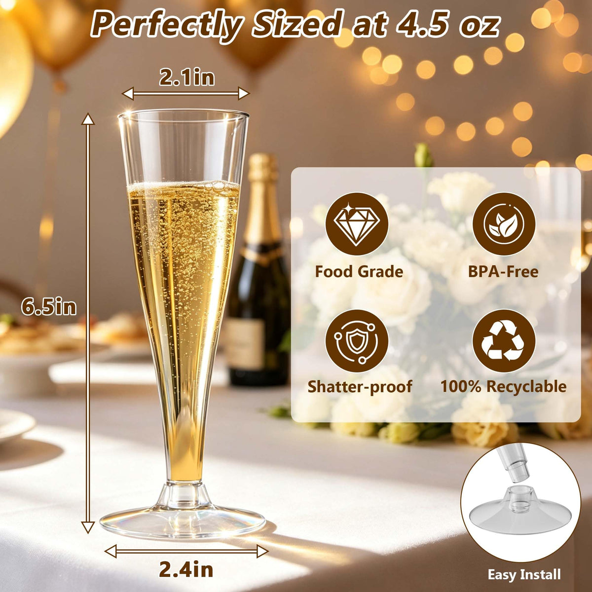 200 Pack Plastic Champagne Flutes Disposable Wine Glasses, 4.5 Oz Clear Mimosa Glasses Cocktail Cups for New Year Eve