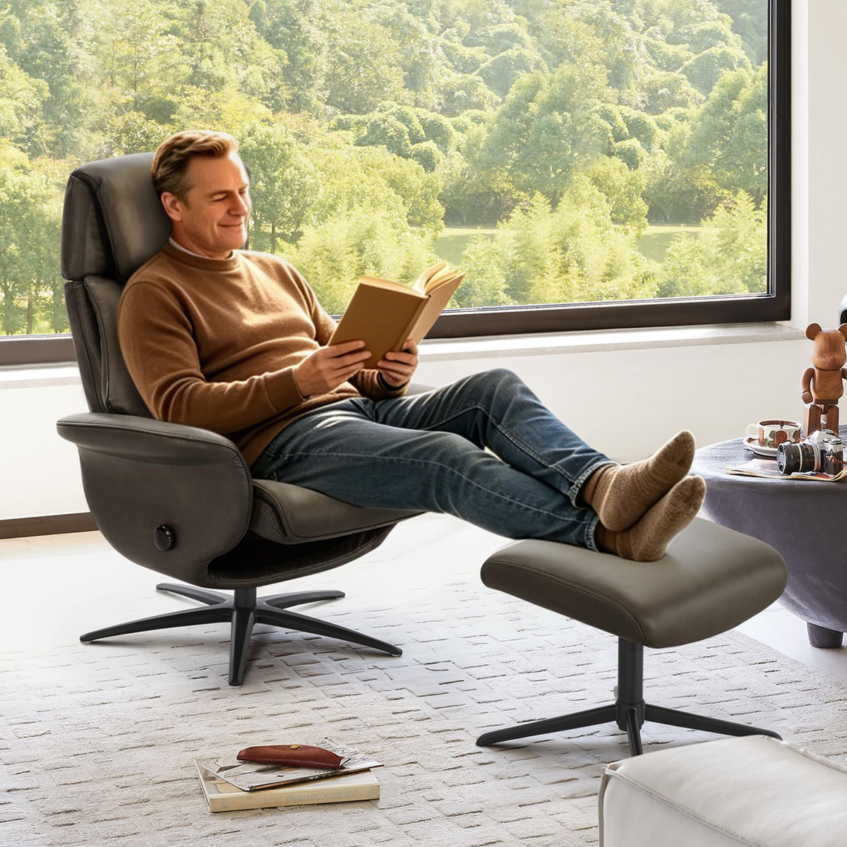 Self-Weight Genuine Leather Swivel Chair with Ottoman, Mink Brown