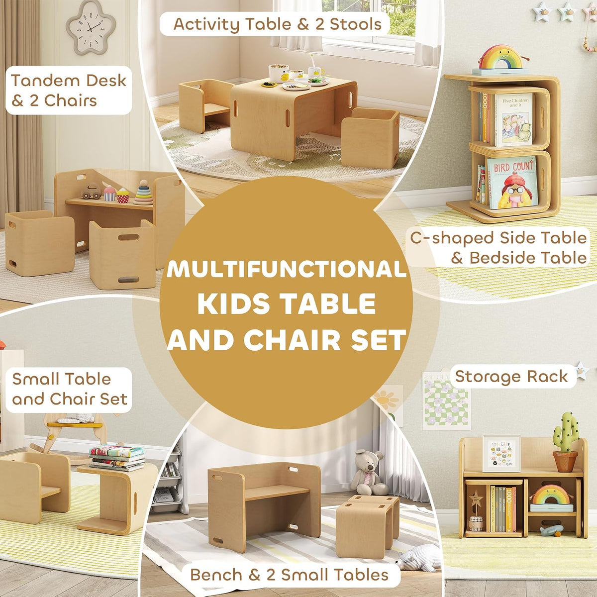 Kids Table and Chair Set Wooden Activity Table Ages 3-8 Natural Wood