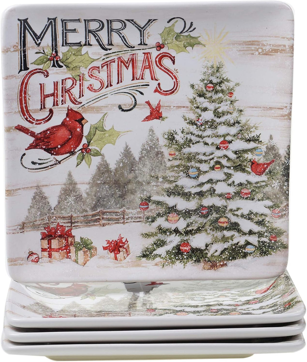 Evergreen Christmas Piece Dinnerware Set - Ceramic Holiday Plates, Bowls & Mugs with Cardinal & Script Design