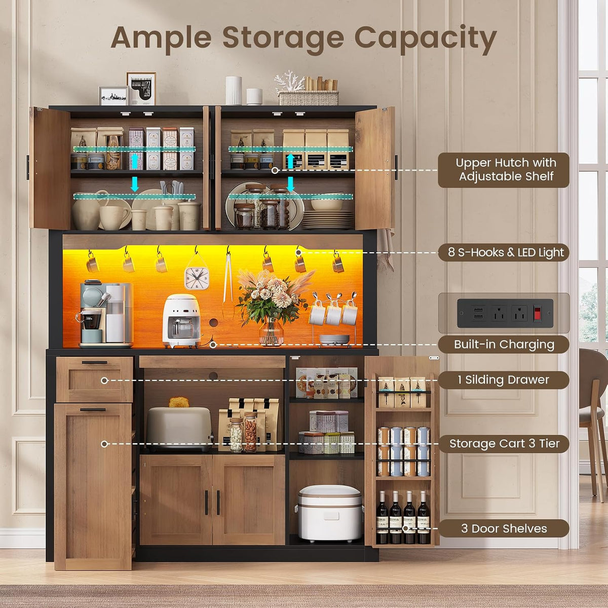 71" Pantry Cabinet with Charging Station and LED Light, Kitchen Pantry Cabinet with Microwave Stand, 47.2" Wide