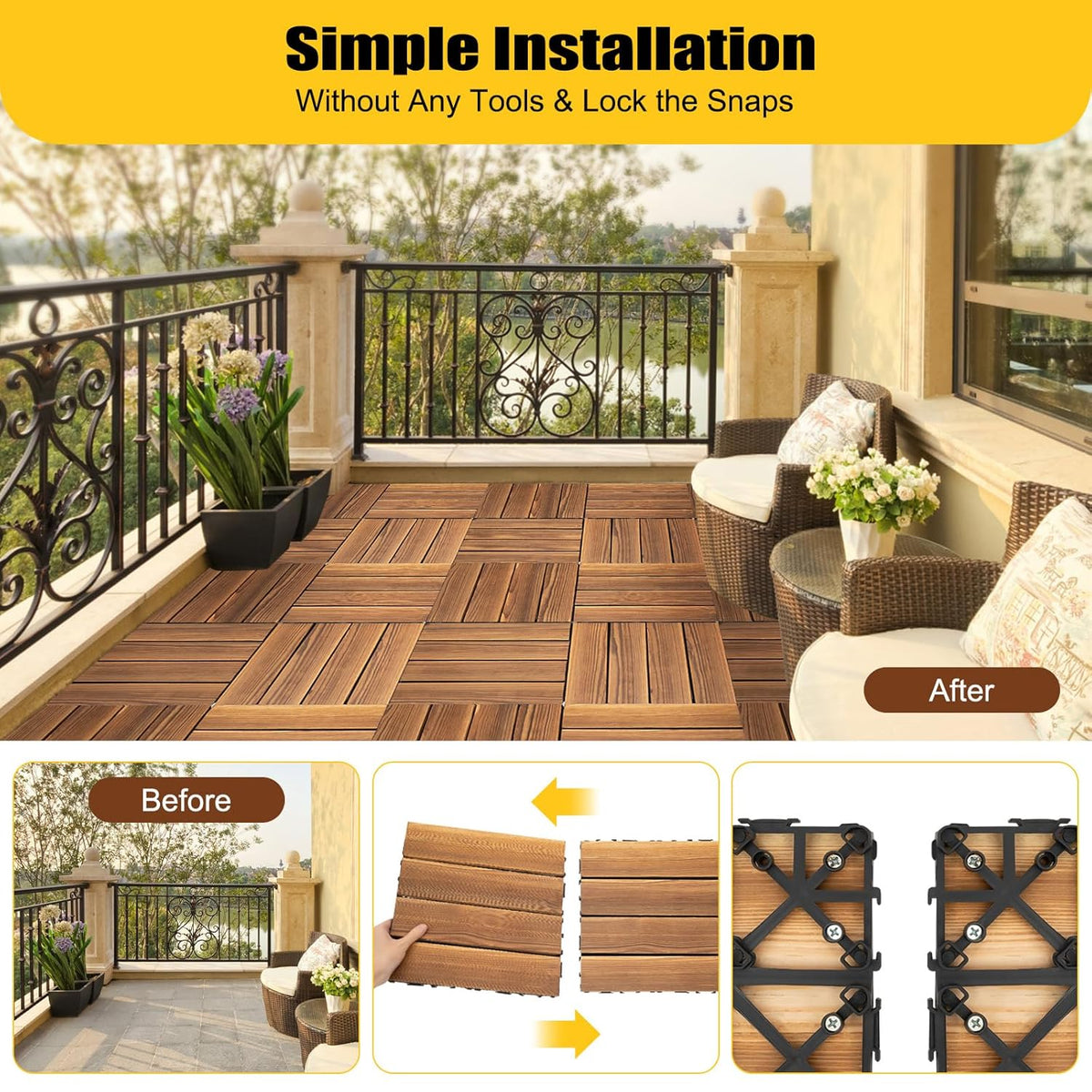 36 PCS Hardwood Interlocking Patio Deck Tiles, 12"×12" Waterproof Anti-Slip Wood Floor Tiles, Easy Snap Together