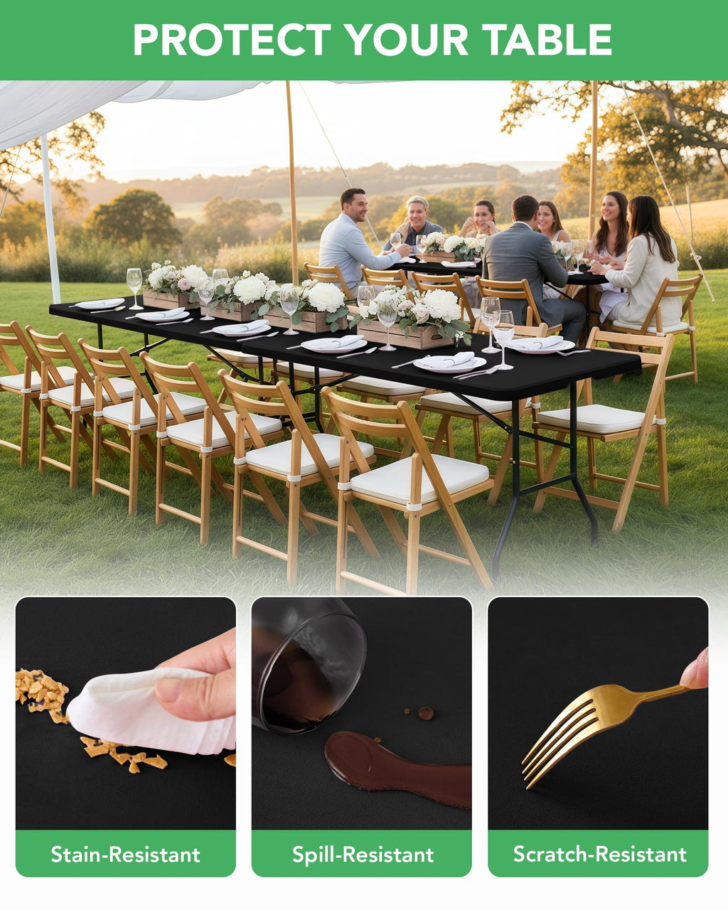 Fitted Tablecloth Rectangle Table Cloths with Elastic, 6 ft, Black, 6 Pack