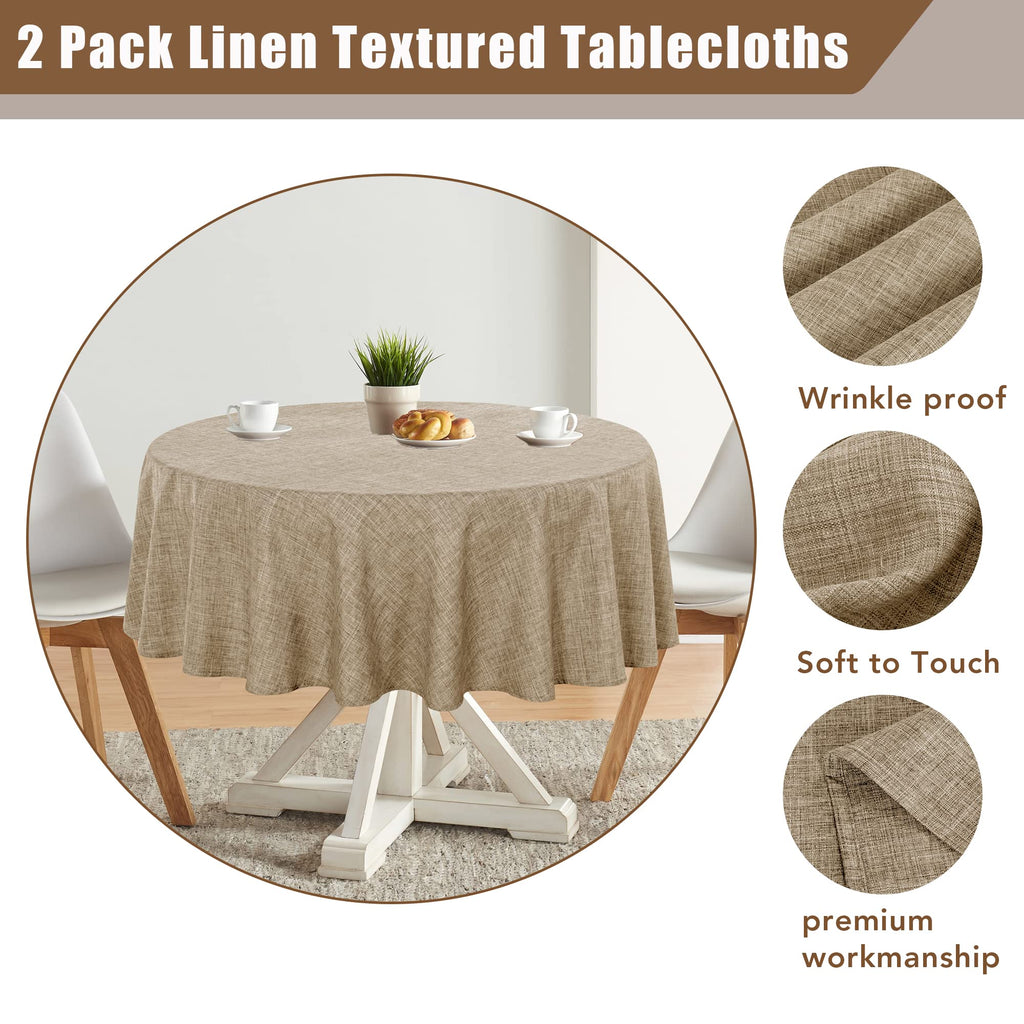 2 Pack Khaki Linen Round Tablecloths 60 Inch for 20"-48" Tables