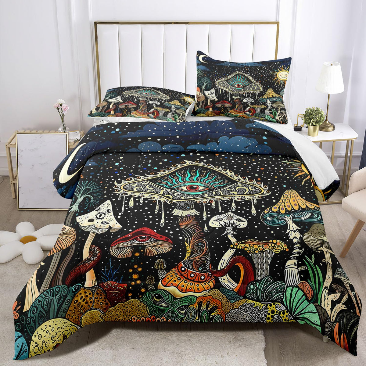 Mushroom Comforter Set Queen Green, Hippie Bedding Sets Queen, Goth Comforter Boho Style Queen Size Quilt