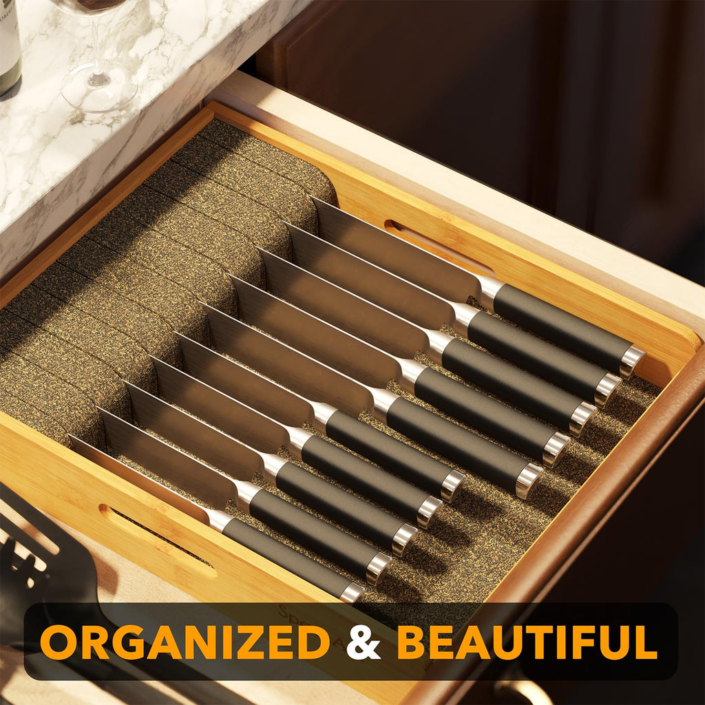 Large Knife Drawer Organizer Bamboo Insert Dock, Kitchen Steak Knives Holder Organizers Block for Drawer in Storage