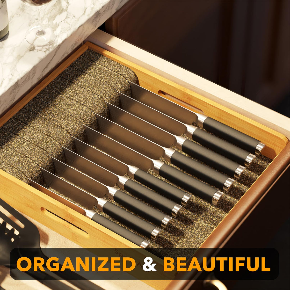 Large Knife Drawer Organizer Bamboo Insert Dock, Kitchen Steak Knives Holder Organizers Block for Drawer in Storage